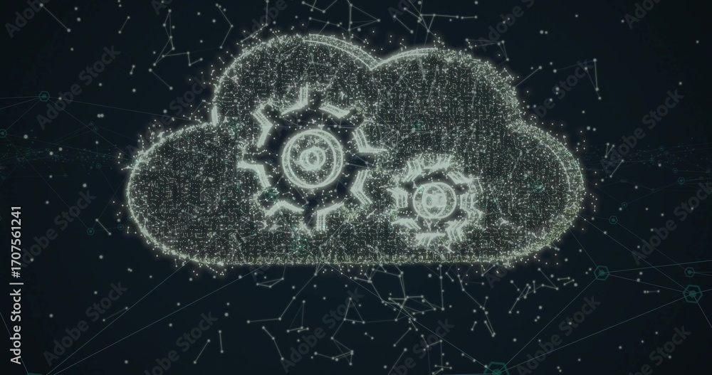 Poster forming digital cloud with glowing nodes and lines in dark interface, showing two gear icons