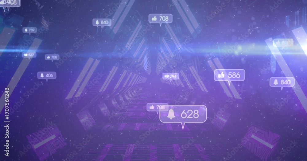 Poster hovering notification bubble showing bell icon and 628 count in neon tunnel, with glowing panels