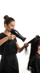 A hairstylist blow-drying the hair of a client