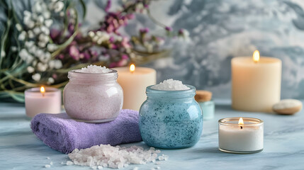 Lavender spa still life with candles and stones