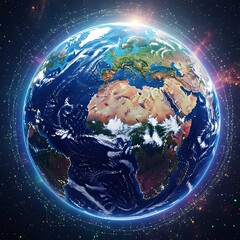 Detailed global view of the Earth, highlighting continents and atmospheric patterns, surrounded by a network of interconnected lines, showcasing a digital representation of the planet.