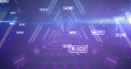 Hovering notification bubble showing bell icon and 628 count in neon tunnel, with glowing panels