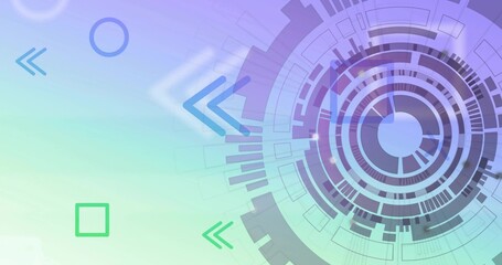 Displaying concentric circular HUD interface over digital UI with arrows and square, copy space