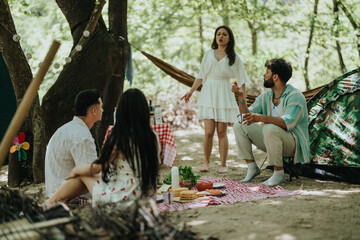 Friends gather outdoors, sharing food and laughter in a serene forested camping area under daylight.