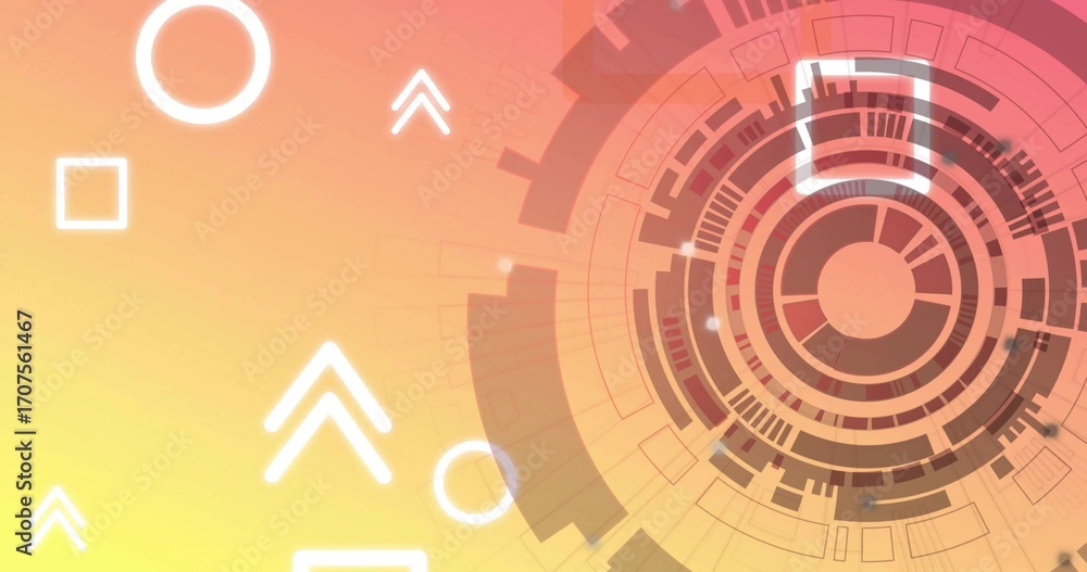 Poster concentric segmented interface rotating in warm gradient background, with white shapes, copy space