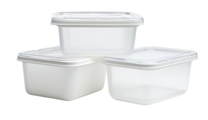 Three stackable, square, clear plastic food storage containers with white lids