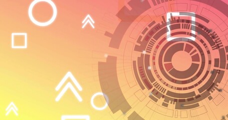 Concentric segmented interface rotating in warm gradient background, with white shapes, copy space