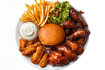Plate with burger, fried chicken wings and french fries