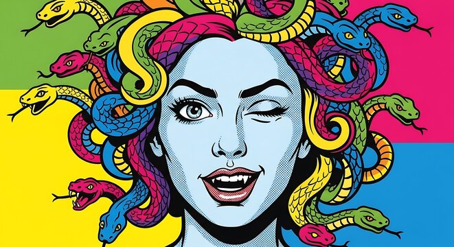 Vibrant pop art portrait of Medusa, showcasing colorful snakes and a striking expression.