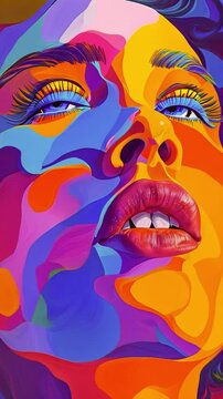 The image is a surreal and colorful depiction of a woman's face. Her eyes are closed, and her face is turned to the side..