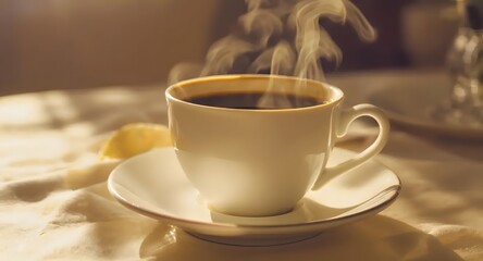 Steaming Cup of Dark Coffee in Morning Sunlight