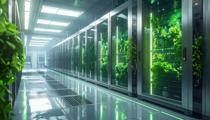A modern server room, filled with lush greenery and illuminated by a cool, technological glow.