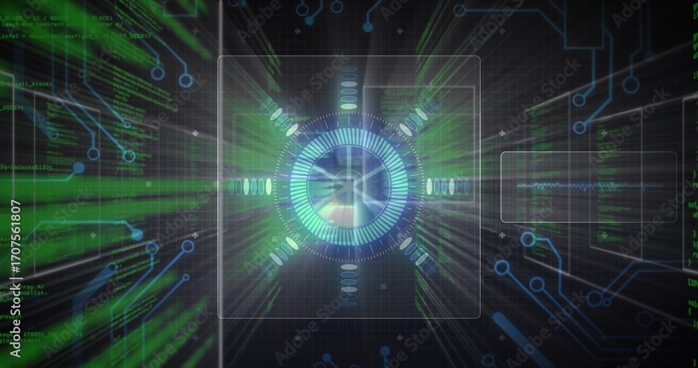 Poster displaying central circular hud in square frame scrolling green code blue circuit lines data panels