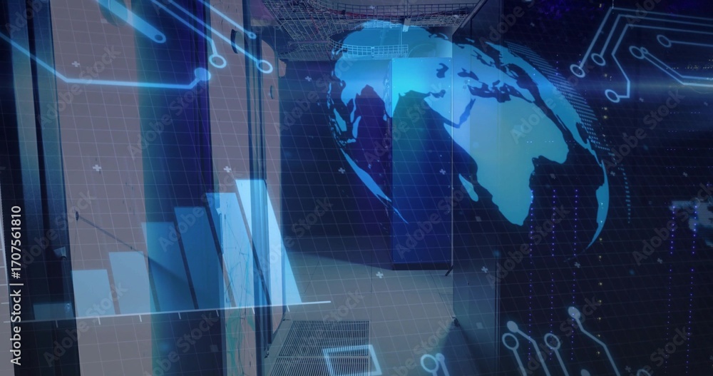 Poster floating holographic globe and data grid hovering inside data center, with server racks and cables