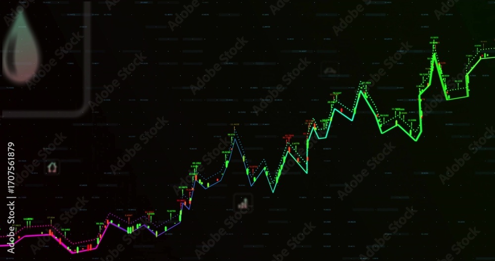 Aufkleber displaying neon line chart fluctuating on trading dashboard, with price markers and numeric labels