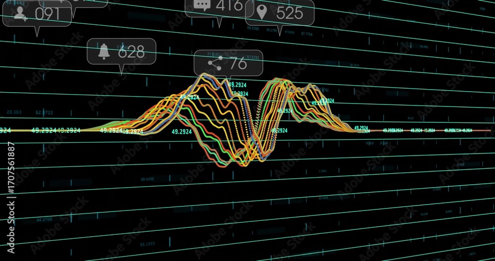 Poster presenting multicolored waveform graph streaming across dashboard, with ui icons and numeric labels