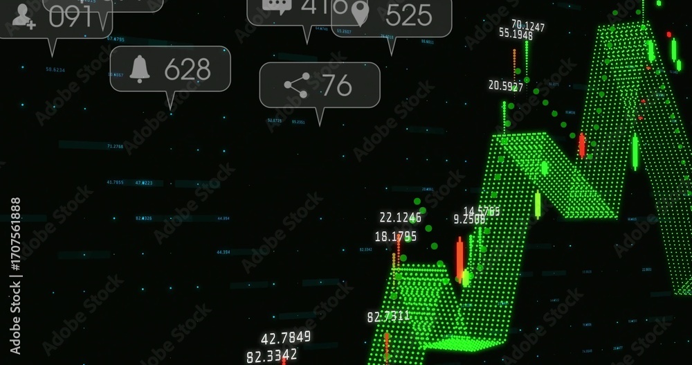 Poster displaying 3d green candlestick chart rising on dark dashboard, showing data labels, icon bubbles
