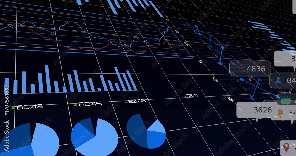 Poster displaying dashboard on 3d grid lines, with bar and pie charts, annotating line graphs, ui icons