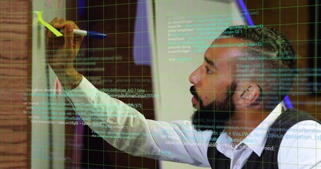 Sketching man in vest coding on glass board in office, with floating code snippets, copy space