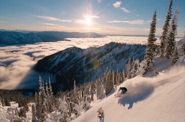 Person skiing down a snowy, tree-covered mountain, with a valley of clouds below and a bright sun above. Hues of orange and blue dominate