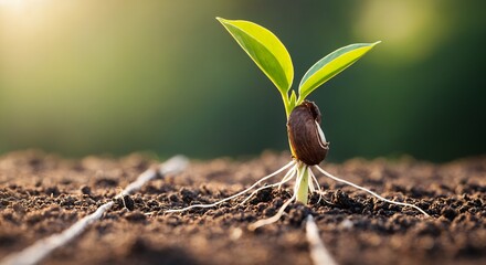 Seedling Growth Emerging from Soil with Fresh Green Leaves.