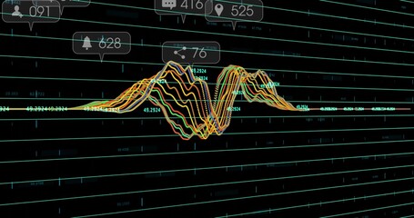 Presenting multicolored waveform graph streaming across dashboard, with UI icons and numeric labels