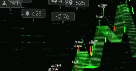 Displaying 3D green candlestick chart rising on dark dashboard, showing data labels, icon bubbles