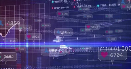 Streaming analytics dashboard with binary stream, 3D grid, line charts, percentages and reactions