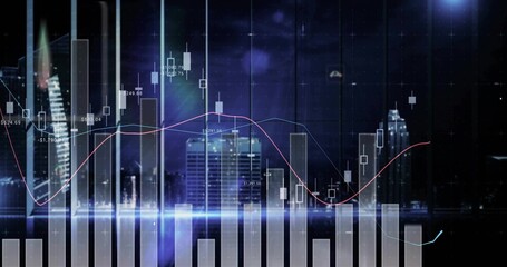 Showing financial data overlaying night skyline with bars and candlesticks, labels, moving averages