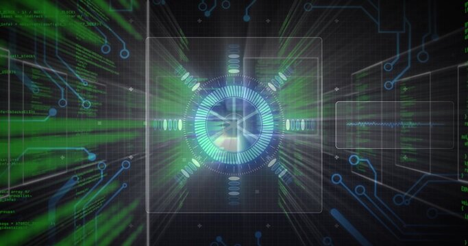 Displaying central circular HUD in square frame scrolling green code blue circuit lines data panels