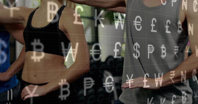 Fototapeta Stretching workout partners performing side stretches in gym, with Bitcoin Euro Pound Yen icons