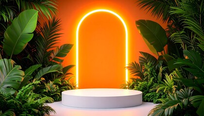 Tropical display podium with neon arch