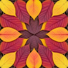 Obraz premium Autumnal Kaleidoscopic Pattern Red, Yellow, and Brown Leaves Arranged in a Symmetrical Design