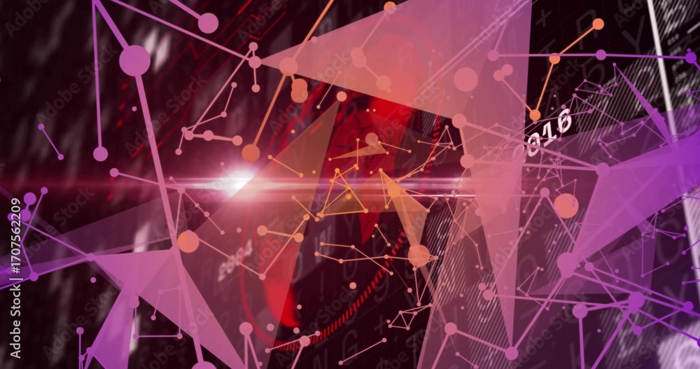 Aufkleber radiating central red glowing hub linking data nodes and overlays in cyberspace, with grid lines