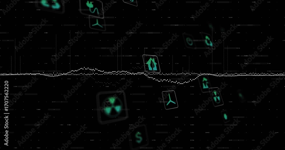 Poster displaying dotted waveform across dark data grid, with floating wind turbine and money icon squares
