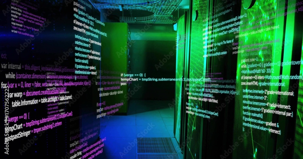 Poster projecting code across server racks in data center corridor, with cable trays and floor grates
