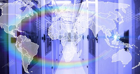 Displaying server corridor extending under cool lighting with network cables, LEDs, map overlay