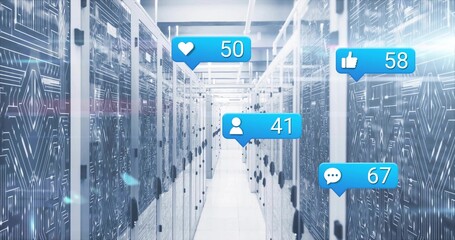 Illuminating data center corridor revealing server racks, cable trays, floating social media icons