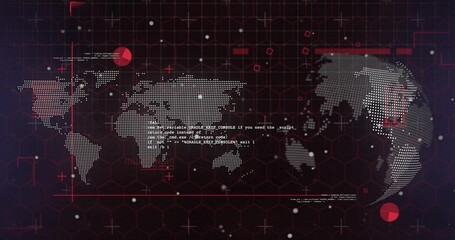Displaying dot-matrix world map overlaying code snippets on digital interface, with red markers