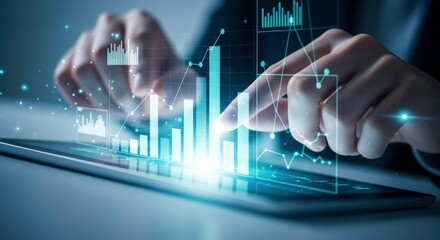 Person interacting with digital interface displaying financial data charts