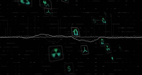 Displaying dotted waveform across dark data grid, with floating wind turbine and money icon squares
