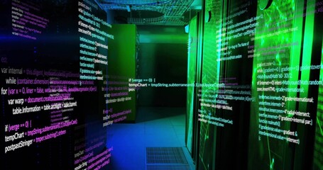 Projecting code across server racks in data center corridor, with cable trays and floor grates