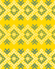 Ukrainian ethnic ornament vector, yellow and blue cross-stitch seamless pattern, traditional vyshyvanka embroidery, folk art border for print, fabric, clothing, website, banner, background
