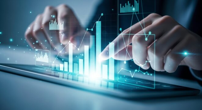 Person interacting with digital interface displaying financial data charts