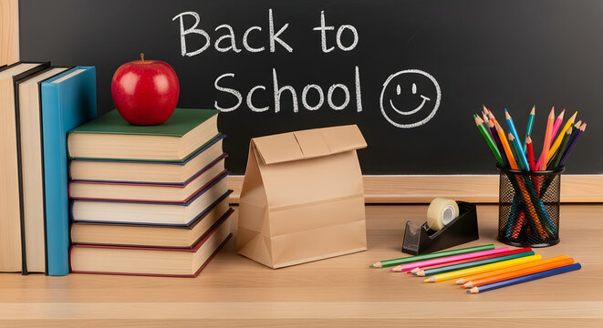 Back to school concept with stack of books red apple lunch bag pencils and chalkboard with smiley face