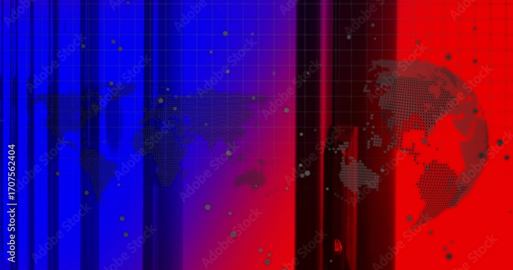Poster displaying dotted world map silhouette over gradient bars on screen, with dotted globe arc and dots