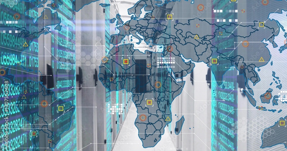 Poster displaying central corridor through data center, with server racks, cables and world map overlay