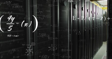 Displaying black server racks in data center corridor with trays vents and math, chemical overlays