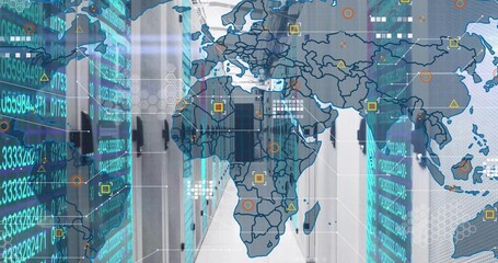 Displaying central corridor through data center, with server racks, cables and world map overlay
