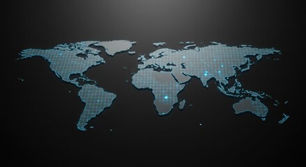Minimalist world map outline with glowing digital grid lines, futuristic tech concept